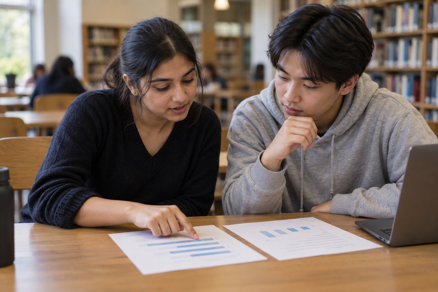 Two students comparing mock results at a table